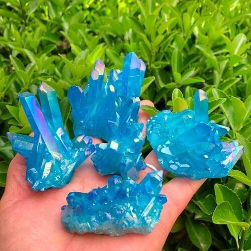 HOT! Beautiful electroplate blue aura quartz crystal cluster with rainbow light natural stone and mineral for home decor as gift