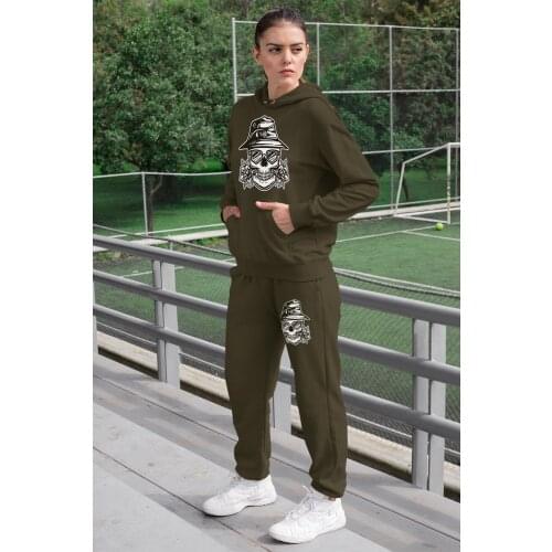Angemiel Wear Romantic Skeleton Man Women Tracksuit Set Green Hooded Sweatshirt Green Sweatpants