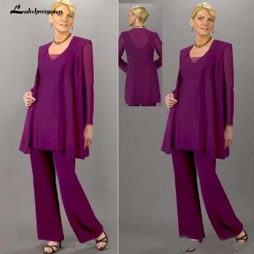Grape Purple 3 Pieces Mother of the Bride Pants Suits Long Sleeve Jakcet Chiffon Mother of the Groom Dress Formal Evening Costum