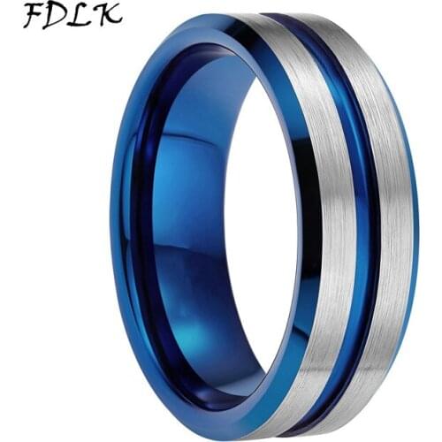 FDLK Mens 8mm Stainless Steel Ring Blue & Silver Color Matte Finish Beveled Edge Wedding Band Size 6-13