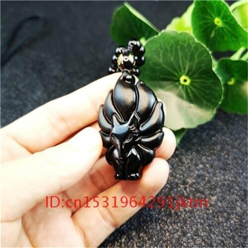 Natural Gifts Beads Black Fashion Necklace Pendant Nine-Tailed Jewelry Jade for Charm Obsidian Women Amulet Chinese Fox