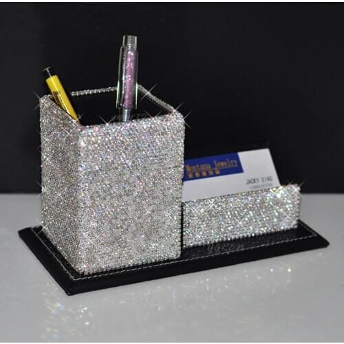 Bling Silver Rhinestone Car Ornaments Box Leather Holder for Business Name Car Pens & DIY Handmade