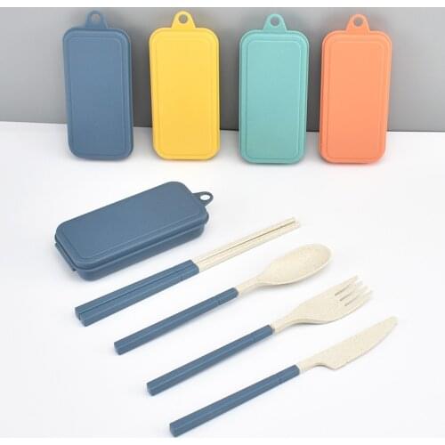 Portable Foldable Cutlery Set Wheat Straw Tableware Outdoor Camping Dinnerware Kids Dinner Set With Box Kitchen Utensils