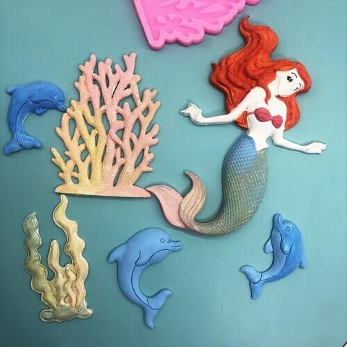 Mermaid Chocolate Fondant Silicone Mold Coral Seaweed Dolphin Childrens Cute Cake Decoration Baking Tools Ocean