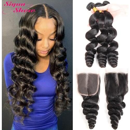 Siyun Show 10A Grade Brazilian Loose Wave Bundles With Closure 30inch Bundles Remy Wet And Wavy Human Hair Bundles With Closure