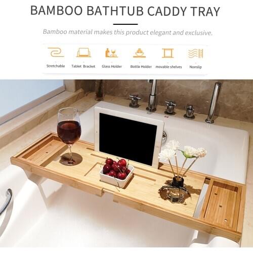 Extendable Bamboo Bath Tray Bathtub Tray Spa Bath Tub Caddy Organizer Book Wine Tablet Holder Reading Rack Bathroom Accessories