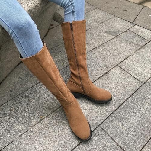 ZawsThia 2020 new nubuck leather female western cowgirls boots square low heels knee high womens winter warm plush riding boots