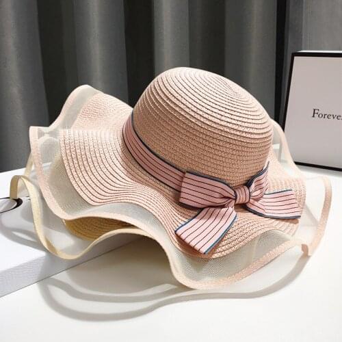 Summer Ladies Wide Brim Wave Ribbon Bow Tie Sun hat Women Outdoor Travel Breathable Sunscreen Hat Gauze Visor Caps