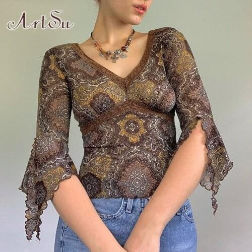 ArtSu Brown T-Shirt Women Y2K Clothes Vintage Bodycon V Neck Autumn Mesh Tee Shirt Femme Flare Sleeve Sexy Lace Crop Tops Tshirt