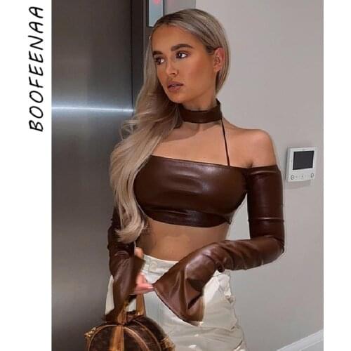 BOOFEENAA Brown Faux Leather Crop Top Shirts for Women Sexy Choker Split Long Sleeve Off Shoulder Tops Insta Baddie C85-BC16