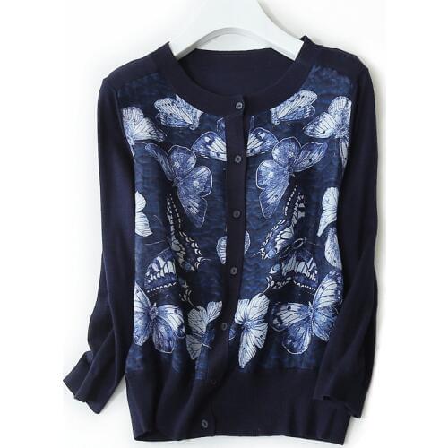 High grade silk spliced wool blend knit women spring fashion patchwork printed thin sweater cardigan M/L retail wholesale