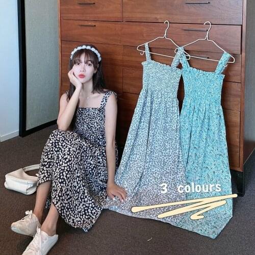 Womens Spring and Summer New Korean Version of French Retro Floral Sling Skirt High Waist Slimming Mid-length Dress