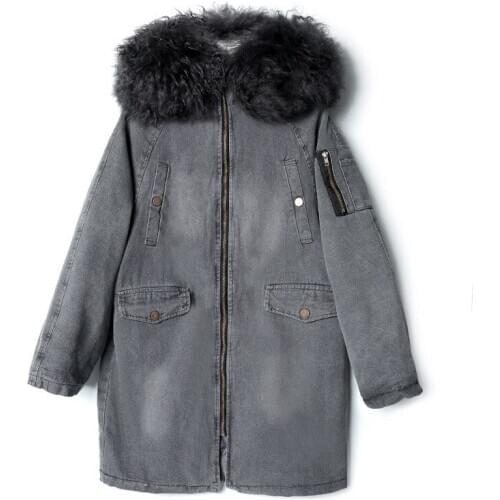 S-XXL Winter new women mid-length coat, beach wool collar, thick denim cotton jacket, fashionable parka