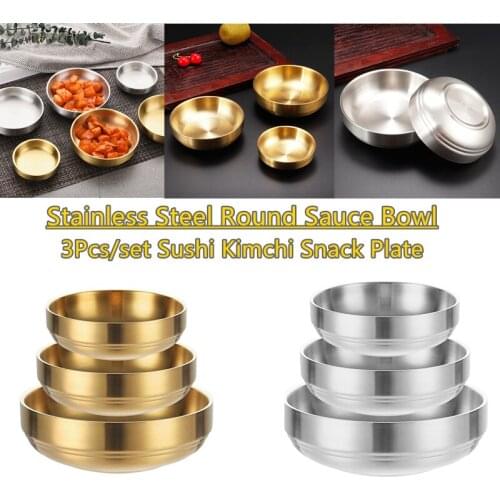 3Pcs/Set Practical Stainless Steel Sauce Dish Kitchen Salad Seasoning Plate Portable Double Layer Rice Bowl