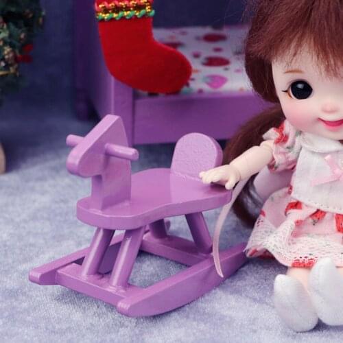 Kids Doll House Accessoires Dollhouse Miniature Purple Wooden Rocking Horse Chair Nursery Room Furniture 1:12 Infant Toys