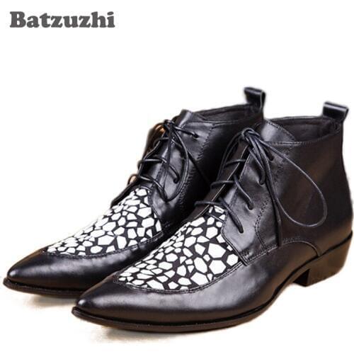 Batzuzhi Mens Boots Lace-up Black Leather Boots Pointed Toe Fashion Leather Shoes Men Italian Style Designers Botas, Pluz Size
