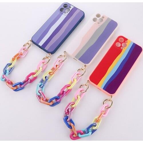 Colorful Cord Chain Lanyard Stripe Phone Case For iPhone 11 12Pro Max Mini XS XR X 7 8Plus Plastic Portable Bracelet Phone Case