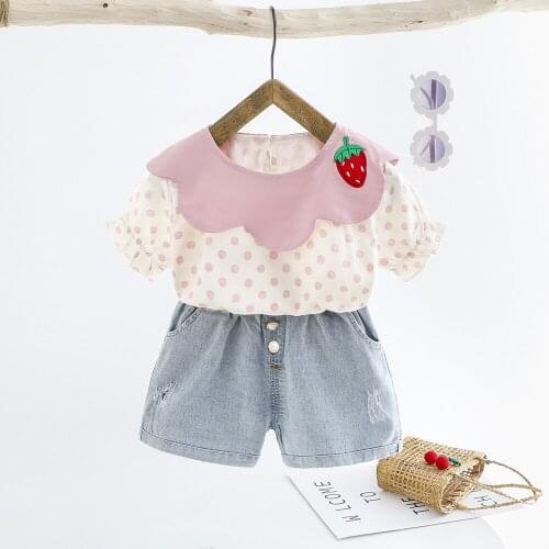 Lovely Kid Baby Girls Strawberry Clothes Sets Summer Short Sleeve Polka Dots T-Shirt Tops+Denim Shorts Pants Children Clothing