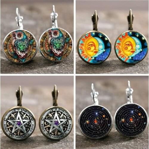 Unicorn Peacock Feather Eight Planets Mandala Floral Earrings for Women Time Glass Gem Ear Hook Gothic Stud Earrings Girl Gifts