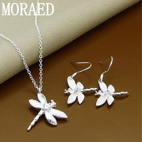 Hot Sale Silver 925 Jewelry Set Simple Insect Dragonfly Necklace Earrings Set Fashion Wedding Engagement Jewelry