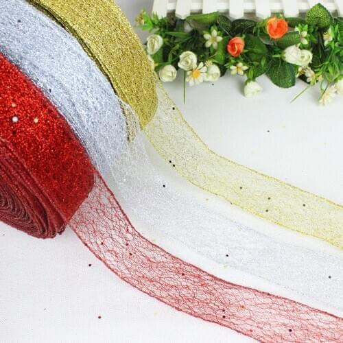 10yards/lot Snowflake Ribbon with Glitter Christmas Tree Ornament Organza Grid Wire Edge Ribbon Holiday Wedding Party DIY Decor
