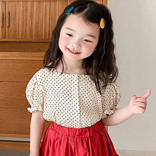 Summer Kids 3-8 Years Old Shirt Baby Girl Korean Style Fresh Sweet Wave Girl Baby Point Square Collar Shirt
