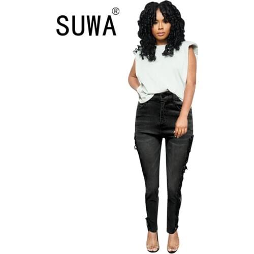 Hot Sales Women Lace Patchwork Denim Pants Retro Solid Sexy Hollow Out Jeans Ripped Trousers Street Skinny High Waist Lady Pants