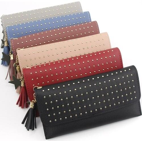 Fashion Womens Wallet Pu Leather Solid Color Rivet Zipper Coin Purse Female Long Hasp Multi-card Holder Ladies Clutch Phone Bag
