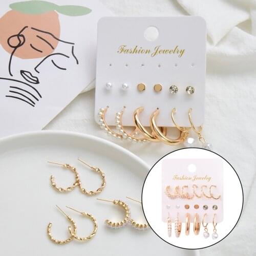 Set of 9 Pairs of Golden Rhinestone Glass Earrings for Women