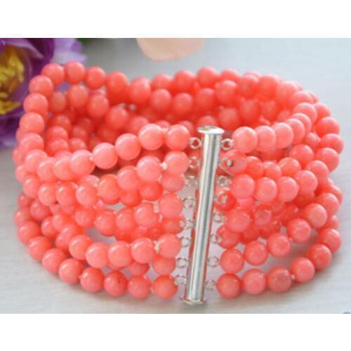 Real 8row 7.5" 5MM round pink coral bead bracelet magnet AAAA