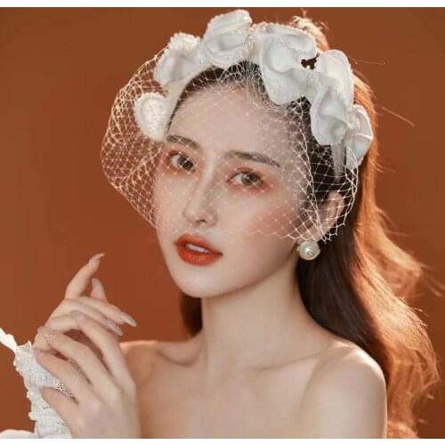 Handmade Beaded Flower Hairbands For Women Vintage Bride Face Veil headwear Wedding White Satin Flower Headwear Hair Accessories