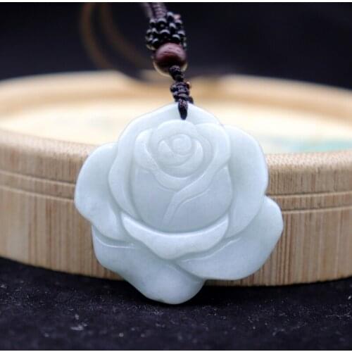 Certified 100% Natural A Jadeite Jade Emerald Carved Rose Flower Pendant Couples Lovers Necklace Pendants For Men Women Jewelry