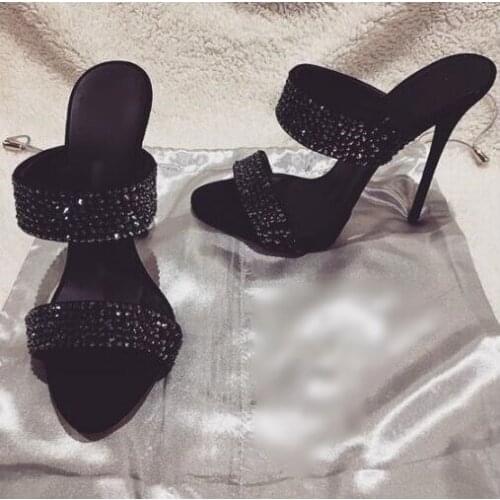 Sexy High Heel Mules Black Crystal Peep Toe Ankle High Thin Mules Slippers Female Slip On Sandal Shoes Plus Size 10 Summer