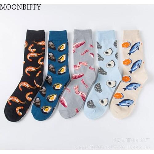 Fashion Color Couple Socks,Personalized Seafood Series of Cotton Shrimp,Squid,Oysters,Salmon