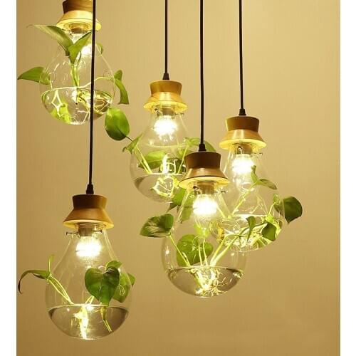 Modern Plant Pendant Light Wood Glass Bottle Decor Restaurant Bar Cafe Living Room Study Lighting LED Pendant Hang Lamp WF1027