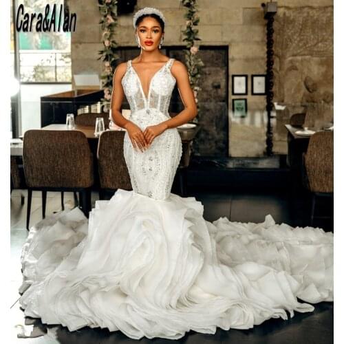 Vestido de noiva civil African Mermaid Wedding Dresses 2021 Ruffles Train Beading Bridal Gowns Arabic abito da sposa