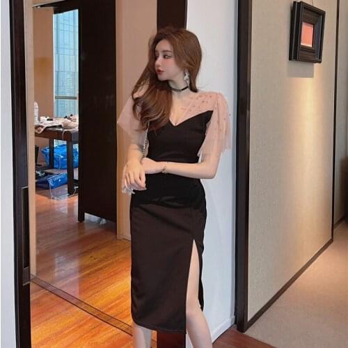 V-neck Mesh Beading Black Women Dresses Party Evening Elegant Ladies Summer Sexy Style Bodycon Dress Fashion Female New