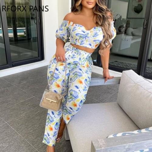 Women Clothes Floral Print Short Sleeve Cropped T-shirts With Pants Sexy Sets Casual Look for Women 2021