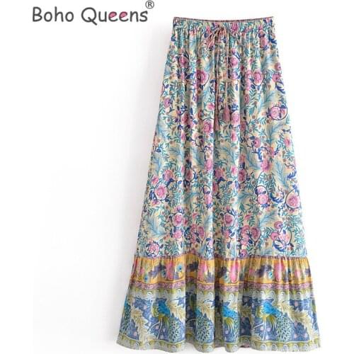 Boho Queens Hippie women floral print tassel beach Bohemian pleated skirt ladies High Elastic Waist A-Line rayon Boho Maxi Skirt