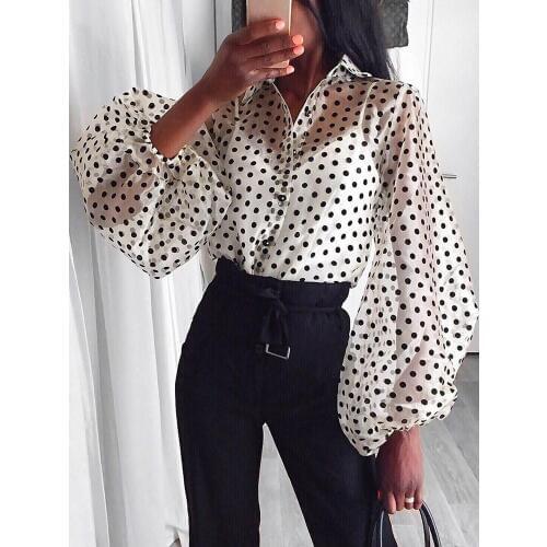 Sexy Women Mesh Sheer Blouse Tops See-through Lantern Long Sleeve Dot Printed Pearl Button Transparent White Shirt Female Blusas