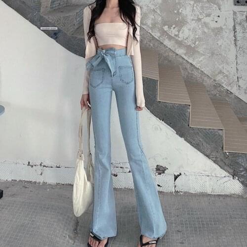 2021 Spring Summer Vintage High Waist Trumpet Pants Slim Flared Pants Female Elegant Denim Pants Womens Casual Long Trousers