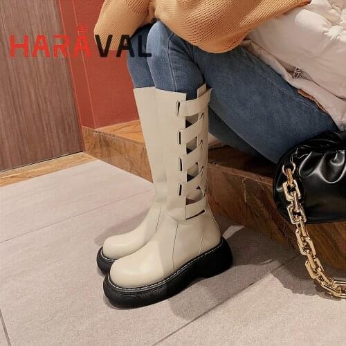 HARAVAL Women Motorcycle Boots Shoes Knee-High Autumn Winter Black White Round Toe Thick Heels Velvet Waterproof Platform E375L