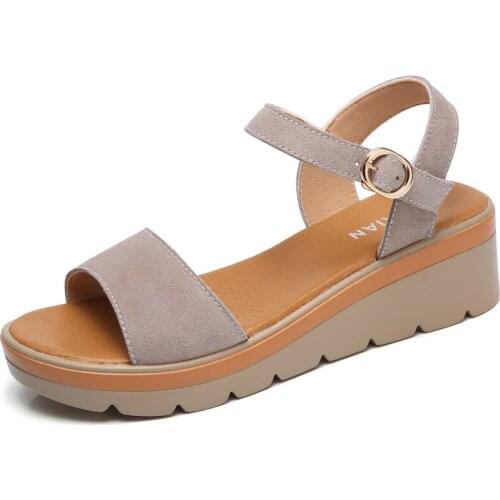 New 2020 Women Sandals Summer Suede Leather High Thick Heel Wedge Sandals Platform Sandals Ladies Ankle Strap Flat Sandals