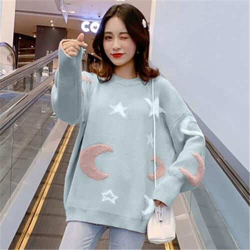 Stars Moon Print Jumpers For Women fall 2020 Sweet Knitwear Pink Sweater Womens Pullovers Korean Style Women Pull and Sweaters