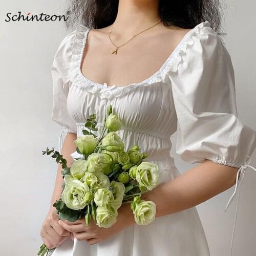 Schinteon Women Ruffles Lace Dress A-line Vintage Square Collar Drawstring Lantern Sleeved Elastic Waist Sexy Mini Dress Party