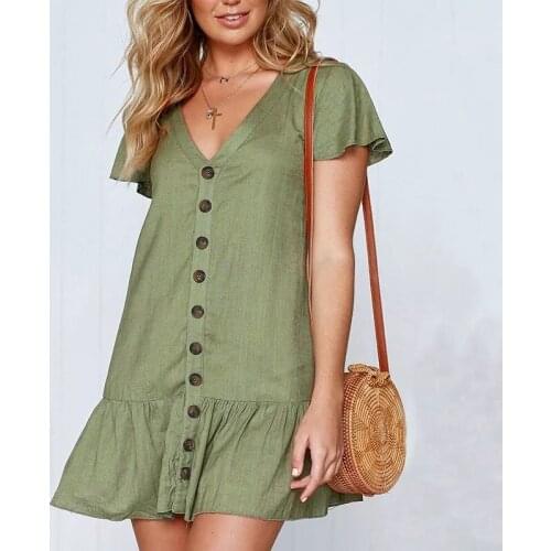 Women Casual Solid Vacation Mini Dress Cozy V Neck Button Short Sleeve Ruffles Hem Army Green Red Cotton Linen Basic Dresses XL