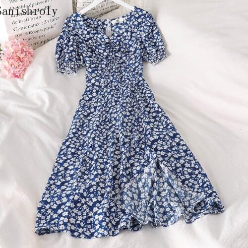 2021 Summer Women Elegant Puff Sleeve Chiffon Dresses Sexy V-Neck Floral Print Dress Ladies Long Split Beach Holiday Vestidos