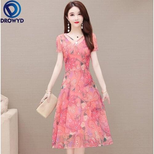 2021 Summer Boho Chiffon Midi Dress for Women Sexy V-neck Short Sleeve Pink Print Dresses Fashion Bodycon Runway Party Vestidos