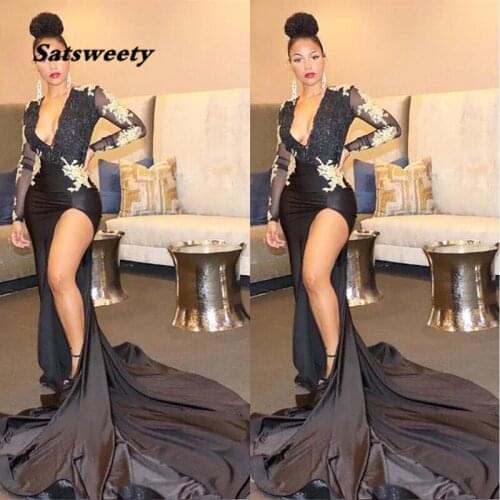 V-Neck Long Sleeve Prom Party Gown Thigh-High Slits Black Mermaid Evening Dress Wrap Beaded Trumpet Formal Dresses