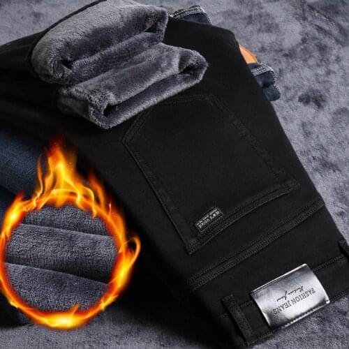 2020 Winter Jeans Men Black Slim Fit Stretch Thick Velvet Pants Warm Jeans Casual Fleece Trousers Male Plus Size